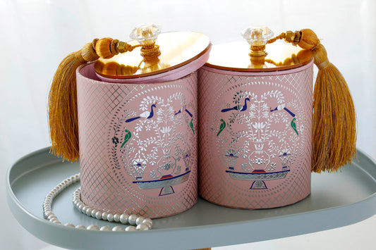 Peacock Tray with 2 Jars Pink