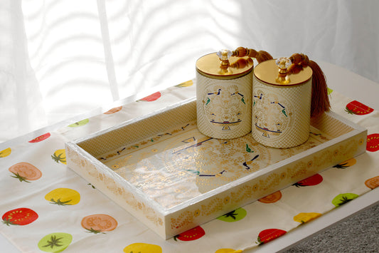 Peacock Tray with 2 Jars White