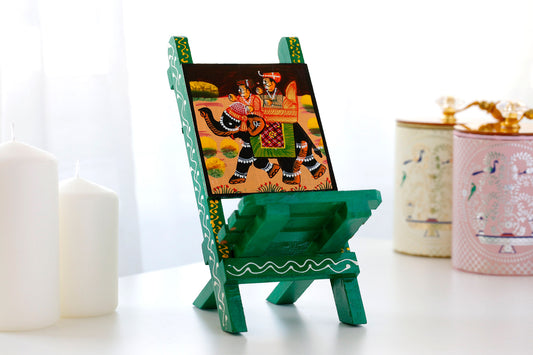 Rajasthani Art Work Handcrafted Wooden Folding Small Chair Mobile Stand Green