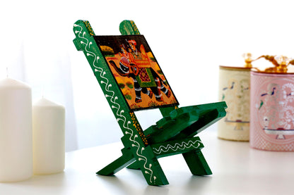 Rajasthani Art Work Handcrafted Wooden Folding Small Chair Mobile Stand Green