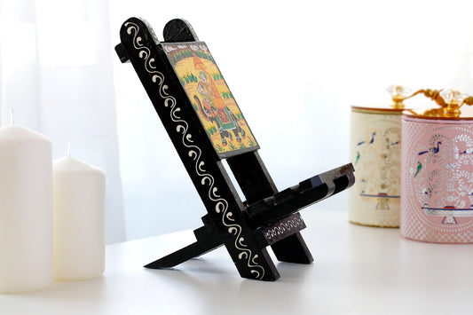 Rajasthani Art Work Handcrafted Wooden Folding Small Chair Mobile Stand Black