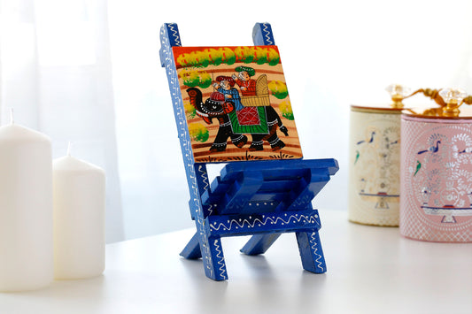 Rajasthani Art Work Handcrafted Wooden Folding Small Chair Mobile Stand Blue