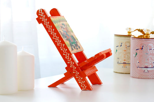Rajasthani Art Work Handcrafted Wooden Folding Small Chair Mobile Stand Orange