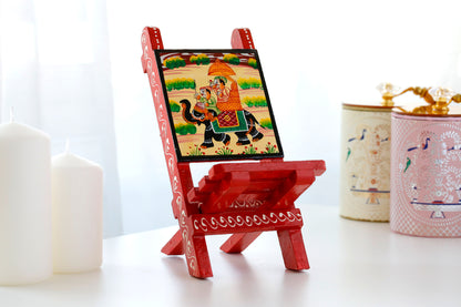 Rajasthani Art Work Handcrafted Wooden Folding Small Chair Mobile Stand Red