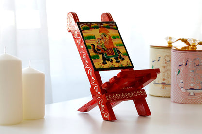 Rajasthani Art Work Handcrafted Wooden Folding Small Chair Mobile Stand Red
