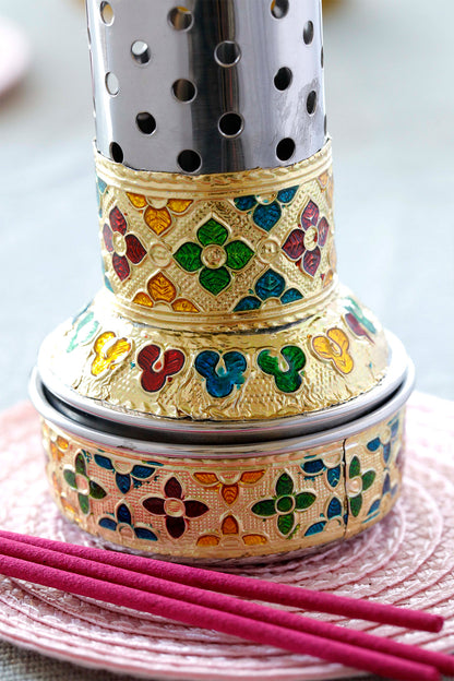 Steel Incense Stick Holder with Ash Catcher Sliver & Gold