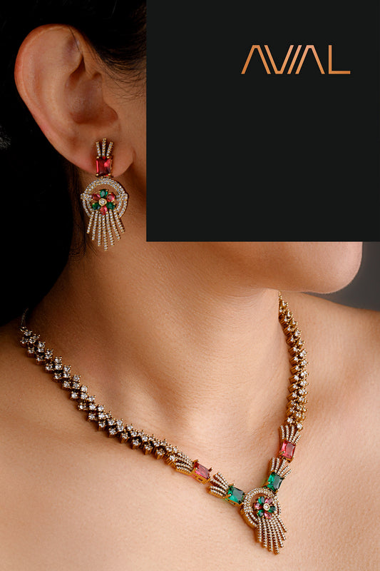 Green and red Indian bridal necklace and earrings set with golden polish and American diamonds