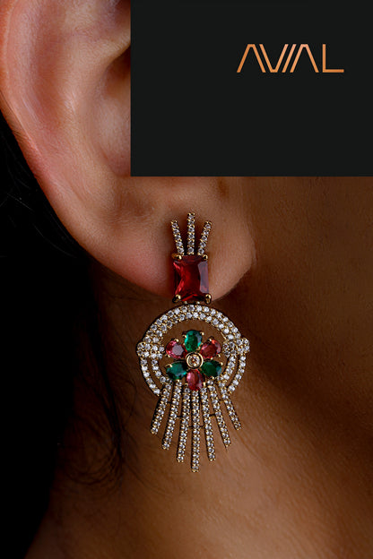 Green and red earrings with golden polish and American diamonds – Indian costume jewelry