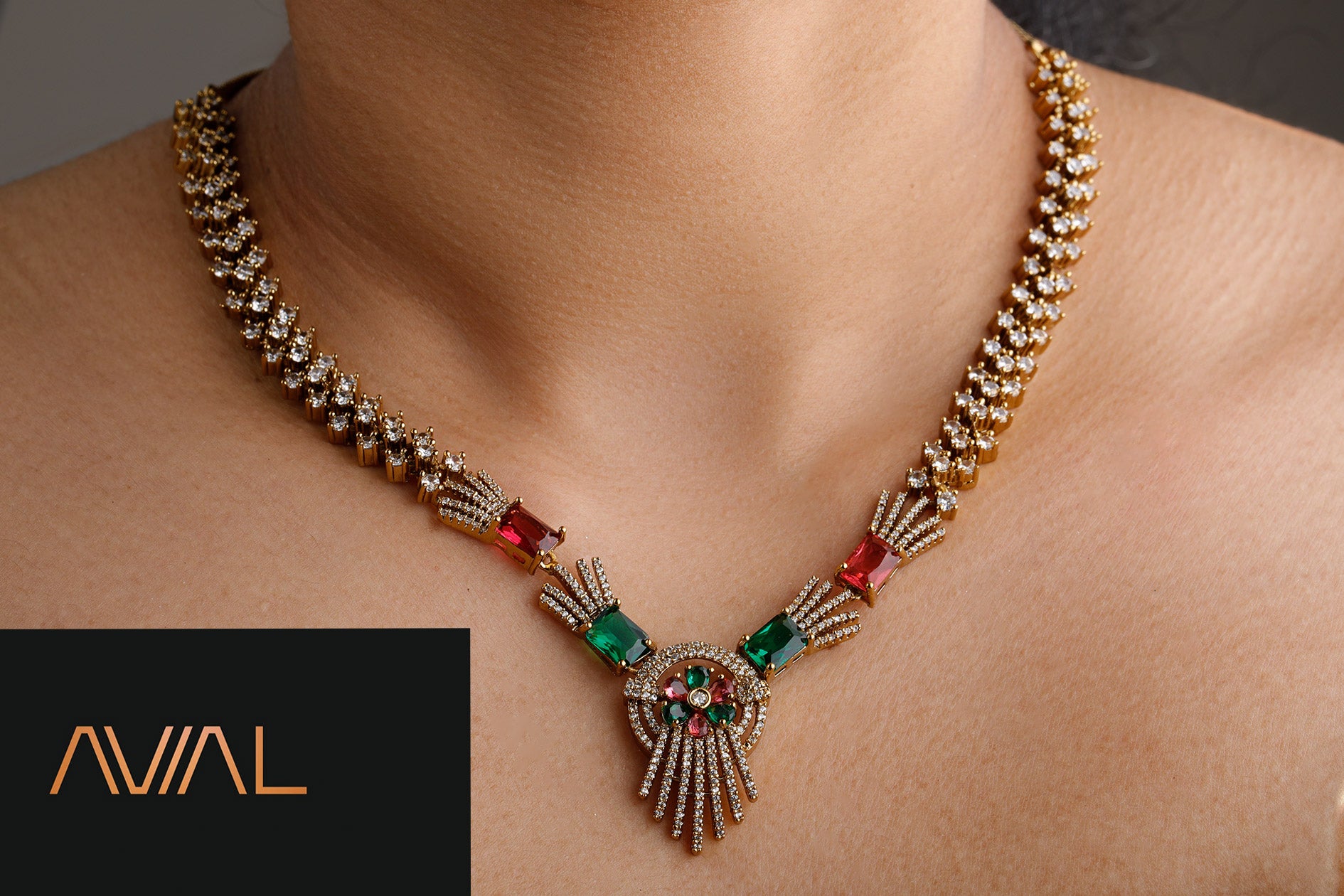 Traditional green and red necklace with golden polish and American diamonds for bridal wear