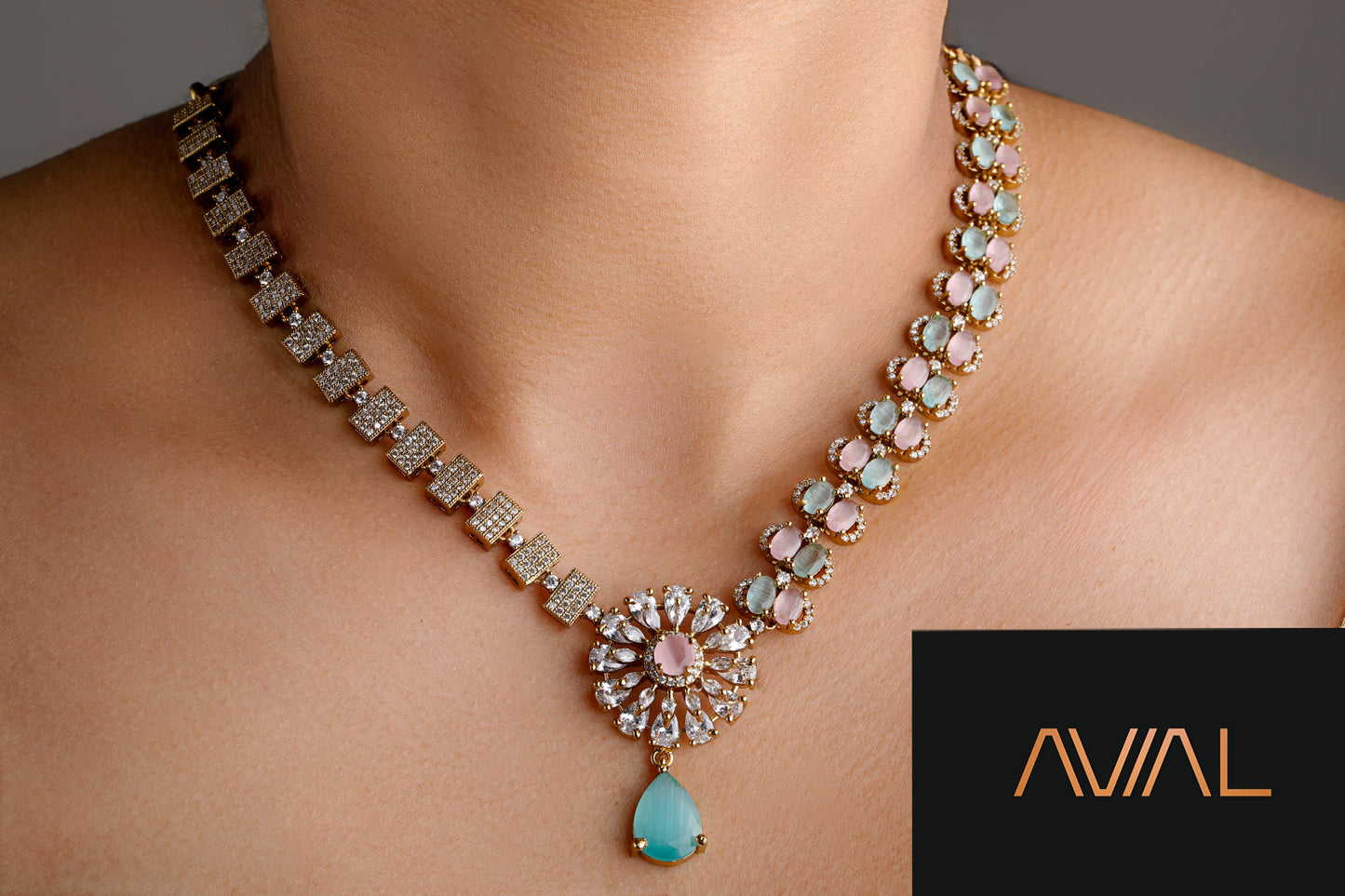 Mint green and baby pink American diamond necklace with golden polish – Indian bridal jewelry