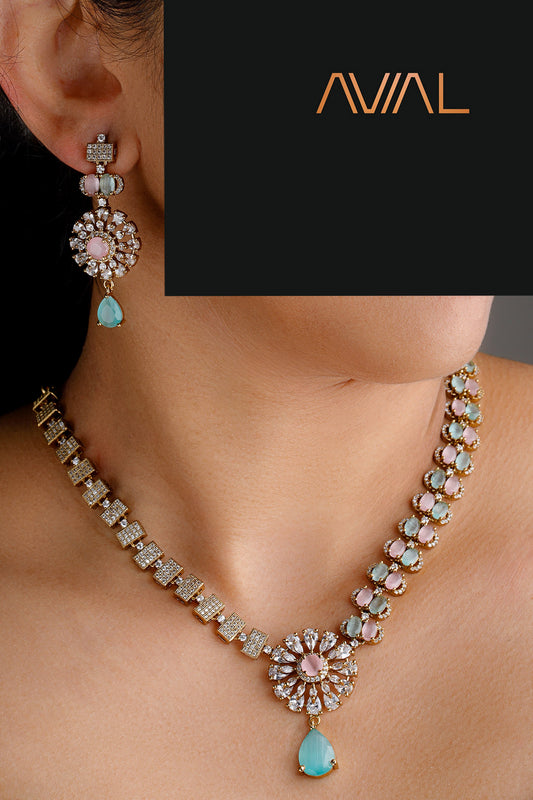 Mint green and baby pink necklace and earrings set with golden polish and American diamonds for bridal or party wear